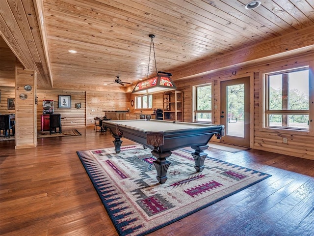 recreation room featuring ceiling fan, billiards, hardwood / wood-style floors, and wooden ceiling