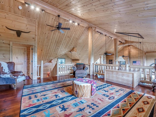 interior space featuring dark hardwood / wood-style floors, wood walls, and wooden ceiling