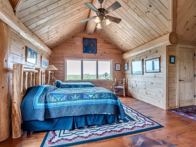 bedroom with ceiling fan, wood ceiling, wood walls, and hardwood / wood-style floors