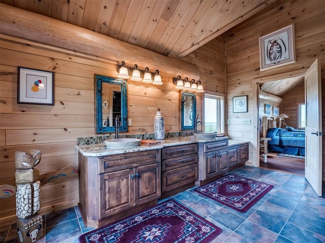 bathroom featuring wood walls and wood ceiling