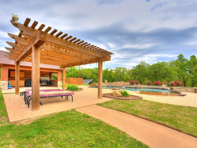 exterior space featuring a pergola and pool water feature