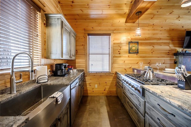 44 Blue Ivey Cir, Broken Bow, OK 74728 - kitchen with appliances with stainless steel finishes, wooden ceiling, dark wood-type flooring, hanging light fixtures, and light stone countertops