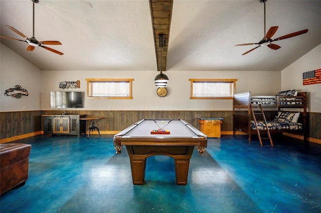 44 Blue Ivey Cir, Broken Bow, OK 74728 - game room with concrete flooring, ceiling fan, wainscoting, wooden walls, and billiards table