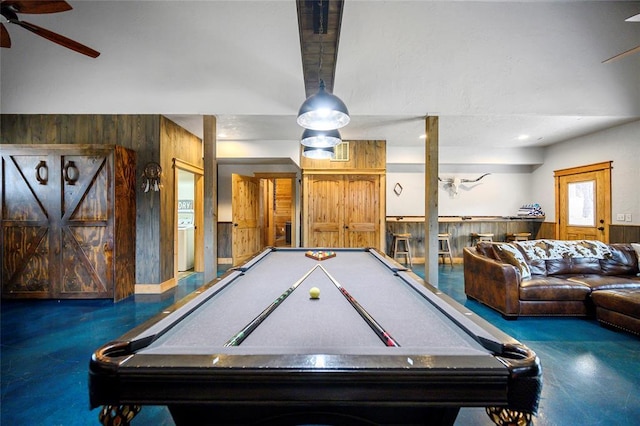 44 Blue Ivey Cir, Broken Bow, OK 74728 - recreation room featuring wooden walls, ceiling fan, and billiards