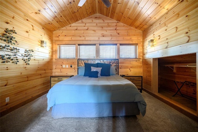 44 Blue Ivey Cir, Broken Bow, OK 74728 - bedroom featuring vaulted ceiling, wooden walls, carpet, wooden ceiling, and multiple windows
