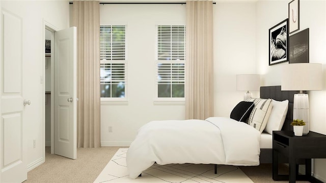 bedroom with light colored carpet