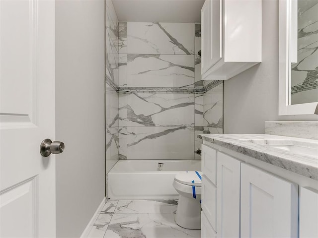 bathroom featuring bathtub / shower combination, toilet, vanity, baseboards, and marble finish floor