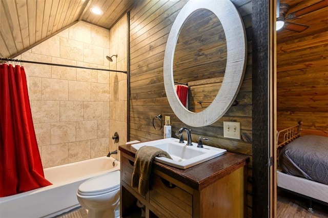 full bathroom with wood walls, shower / tub combo, lofted ceiling, and toilet