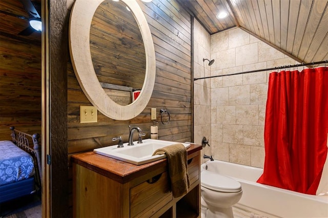 full bathroom with shower / bath combo, vanity, vaulted ceiling, and wooden walls