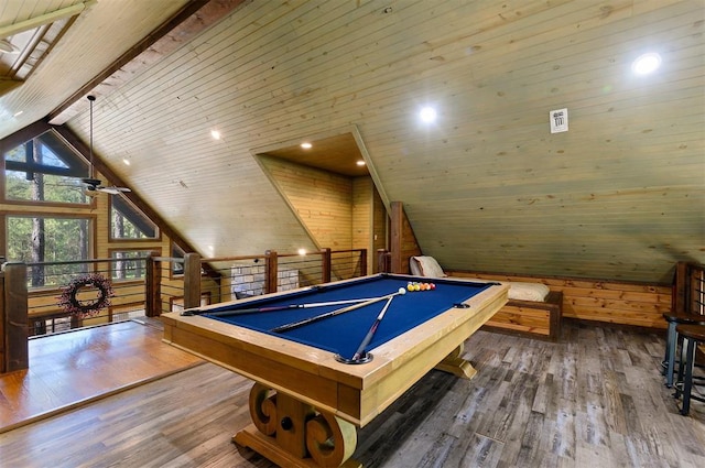 playroom featuring wooden ceiling, wood walls, beamed ceiling, hardwood / wood-style floors, and pool table