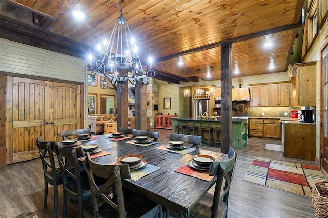 dining space with dark hardwood / wood-style floors, wood ceiling, wooden walls, and an inviting chandelier