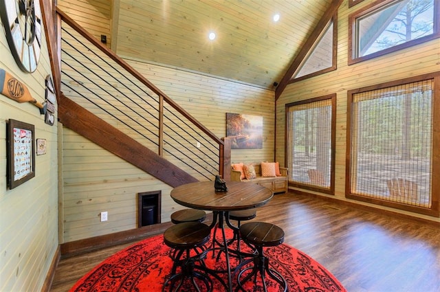 sitting room featuring wood ceiling, wooden walls, high vaulted ceiling, and dark wood-type flooring