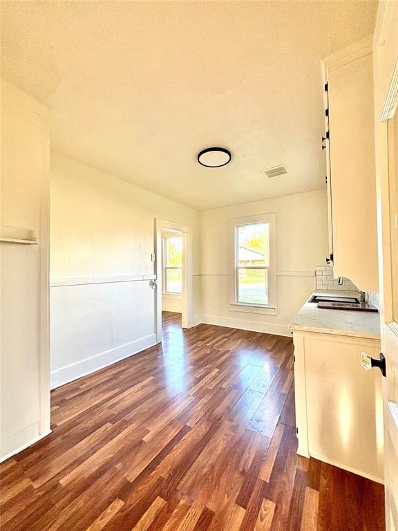 interior space with a textured ceiling, dark hardwood / wood-style floors, and sink