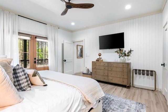 bedroom featuring french doors, ceiling fan, access to exterior, light wood-type flooring, and ornamental molding