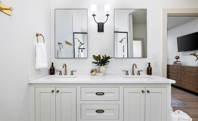 bathroom featuring vanity and wood-type flooring