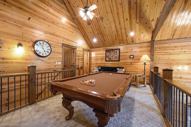 game room with light carpet, ceiling fan, wooden ceiling, and billiards