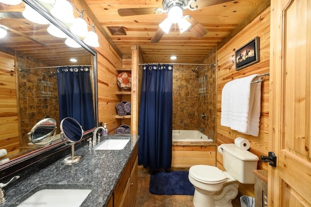 full bathroom featuring vanity, wood walls, toilet, and shower / tub combo with curtain