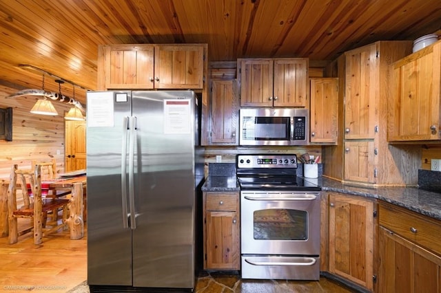 kitchen with dark stone counters, wooden walls, dark hardwood / wood-style floors, wood ceiling, and stainless steel appliances