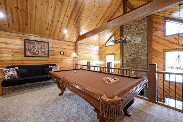 game room featuring carpet flooring, billiards, wood ceiling, and high vaulted ceiling