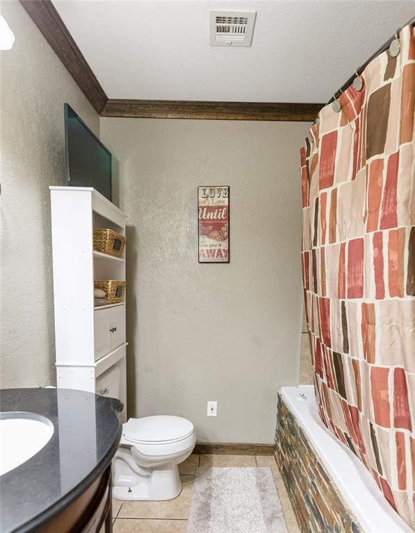 full bathroom with shower / tub combo, tile patterned floors, ornamental molding, vanity, and toilet