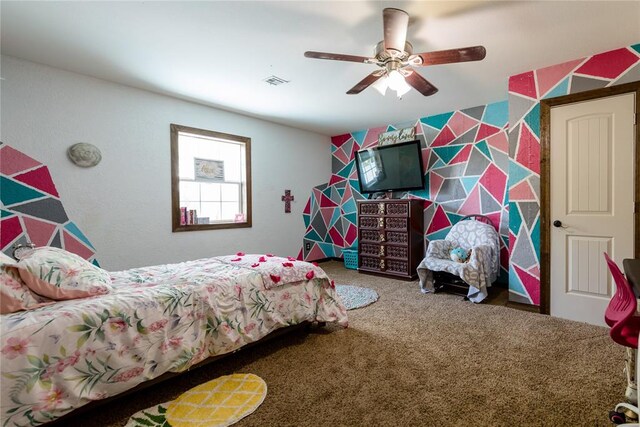 bedroom featuring carpet flooring and ceiling fan