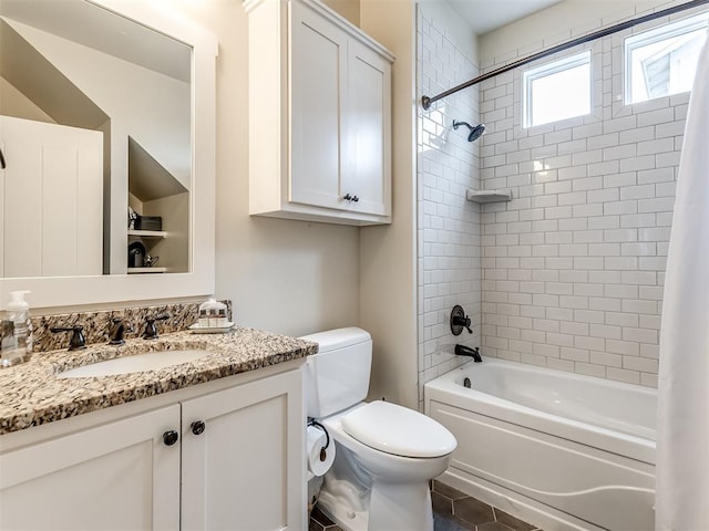 full bathroom featuring tile patterned flooring, vanity, toilet, and shower / bathtub combination with curtain