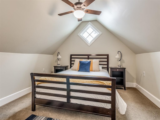 bedroom with ceiling fan, light colored carpet, and lofted ceiling