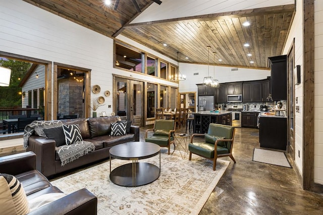 living room featuring wooden ceiling and high vaulted ceiling