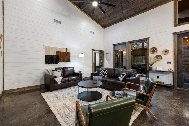 living room with high vaulted ceiling, ceiling fan, wooden ceiling, and wood walls