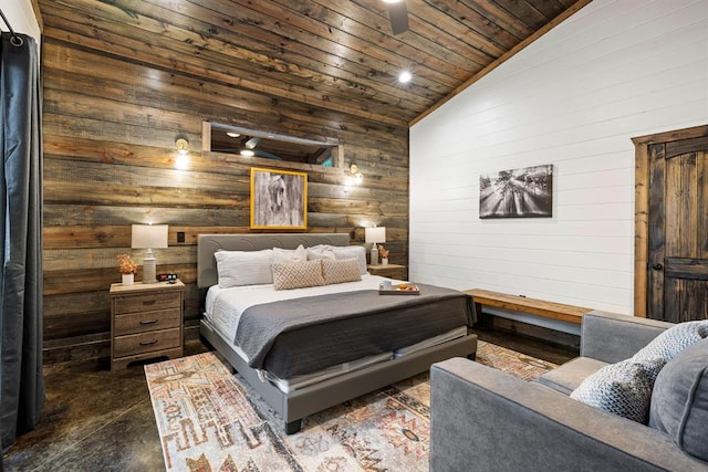 bedroom with high vaulted ceiling, ceiling fan, wooden walls, and wood ceiling