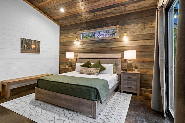 bedroom featuring wood walls, lofted ceiling, and wooden ceiling