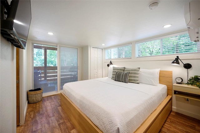 bedroom with multiple windows, a closet, and dark hardwood / wood-style flooring