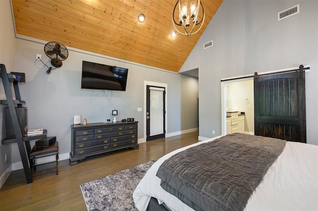 bedroom featuring wooden ceiling, dark wood-type flooring, high vaulted ceiling, an inviting chandelier, and a barn door