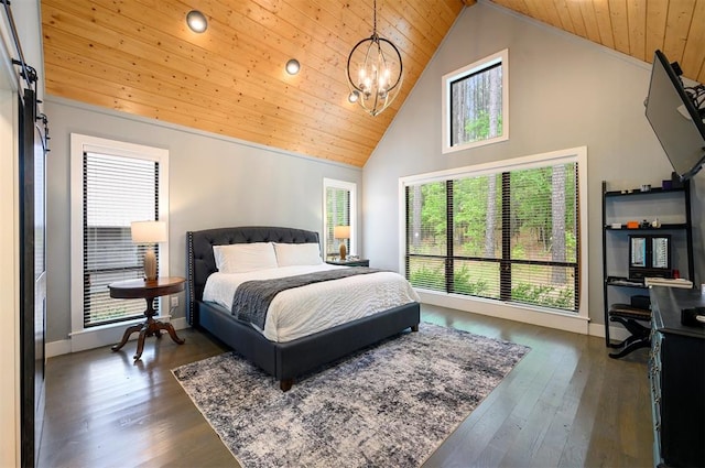 bedroom featuring high vaulted ceiling, multiple windows, dark wood-type flooring, and wood ceiling