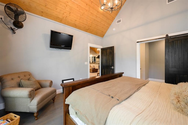 bedroom with wood-type flooring, a barn door, high vaulted ceiling, wooden ceiling, and a chandelier