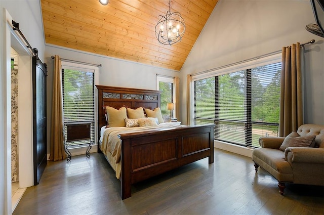 bedroom with an inviting chandelier, a barn door, high vaulted ceiling, dark hardwood / wood-style floors, and wood ceiling