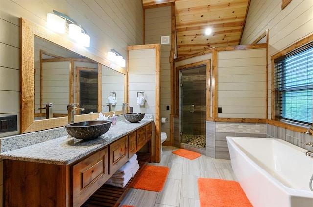 full bathroom with wood walls, vanity, separate shower and tub, and toilet