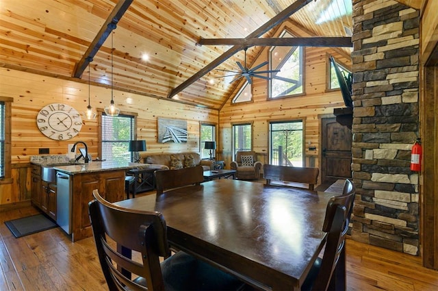 152 Ita Hina Trl, Broken Bow, OK 74728 - dining room featuring hardwood / wood-style floors, wood walls, high vaulted ceiling, wood ceiling with exposed beams, and a ceiling fan