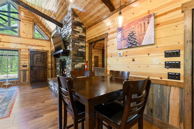 dining area featuring hardwood / wood-style floors, wooden ceiling, and wooden walls