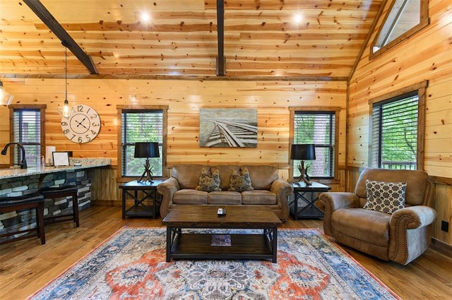 living room with beamed ceiling, high vaulted ceiling, wood walls, wood-type flooring, and wood ceiling