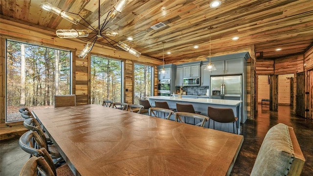 dining space featuring wood walls, wooden ceiling, and vaulted ceiling