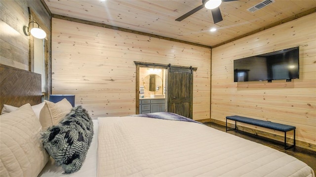 bedroom featuring wood walls, wooden ceiling, ceiling fan, a barn door, and wood-type flooring