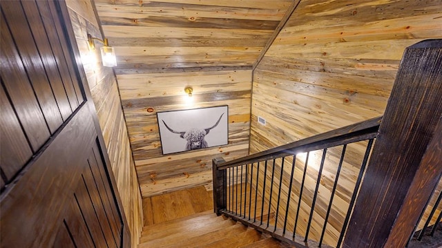 staircase with wood-type flooring and wooden walls