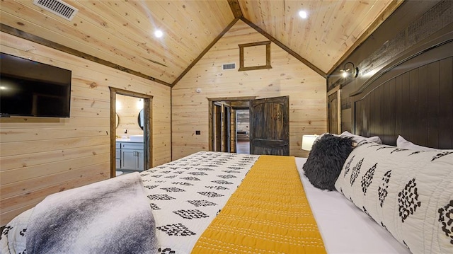 bedroom featuring wooden walls, high vaulted ceiling, wooden ceiling, beamed ceiling, and connected bathroom