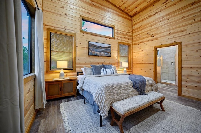 bedroom with wood walls, dark hardwood / wood-style floors, lofted ceiling, and wood ceiling