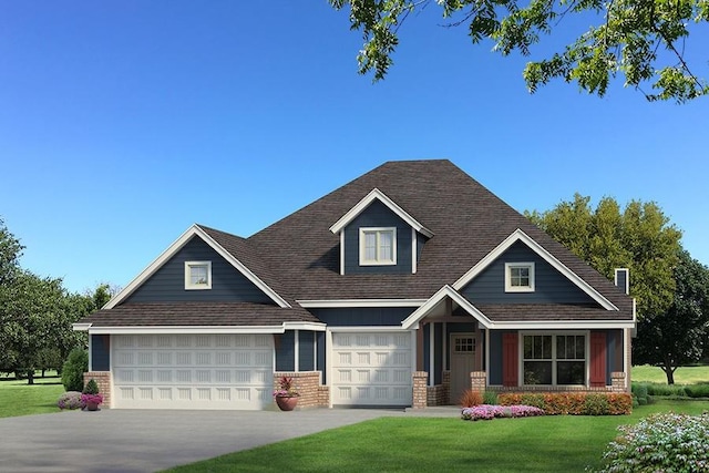 craftsman inspired home featuring a garage and a front lawn