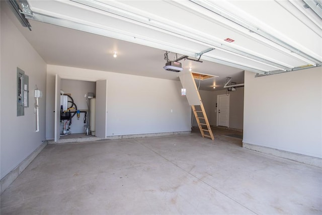 garage with electric panel, water heater, and a garage door opener