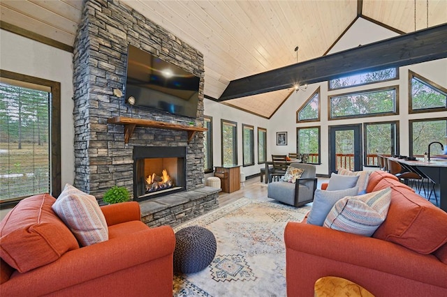 living room featuring wooden ceiling, high vaulted ceiling, a fireplace, beamed ceiling, and wood-type flooring