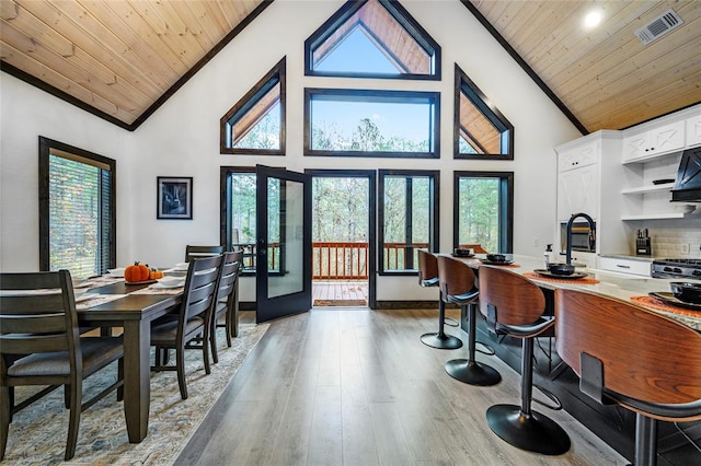 dining area with hardwood / wood-style floors, high vaulted ceiling, french doors, and wooden ceiling