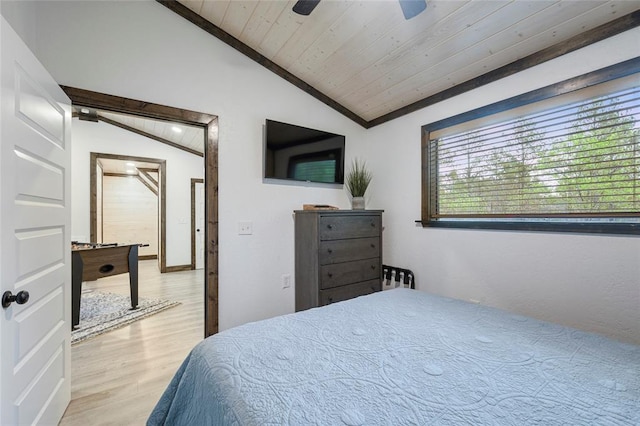 bedroom featuring ceiling fan, light hardwood / wood-style floors, wooden ceiling, and vaulted ceiling